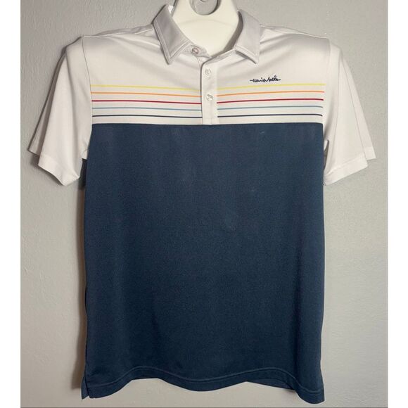 Travis Mathew Polo Shirt Mens Medium White Rainbow Striped Golf Performance - Picture 2 of 8